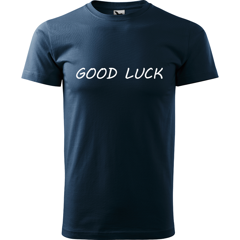 Ručně malované pánské bavlněné tričko - Good Luck Barva trička: NÁMOŘNICKÁ MODRÁ, Velikost trička: XL, Barva motivu: BÍLÁ