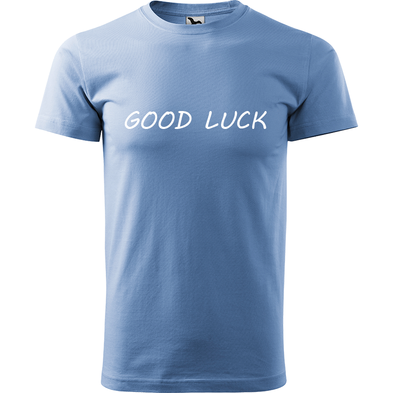 Ručně malované pánské bavlněné tričko - Good Luck Barva trička: NEBESKY MODRÁ, Velikost trička: XL, Barva motivu: BÍLÁ