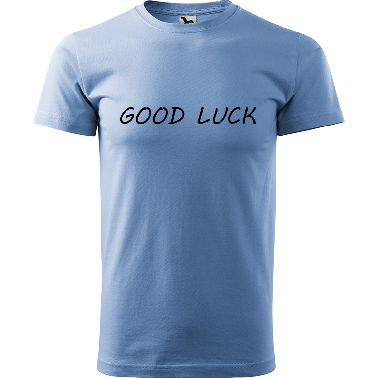Ručně malované pánské bavlněné tričko - Good Luck Barva trička: NEBESKY MODRÁ, Velikost trička: XL, Barva motivu: ČERNÁ