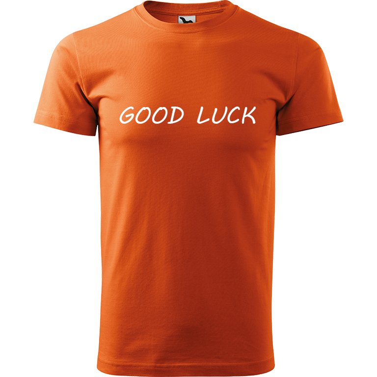 Ručně malované pánské bavlněné tričko - Good Luck Barva trička: ORANŽOVÁ, Velikost trička: L, Barva motivu: BÍLÁ