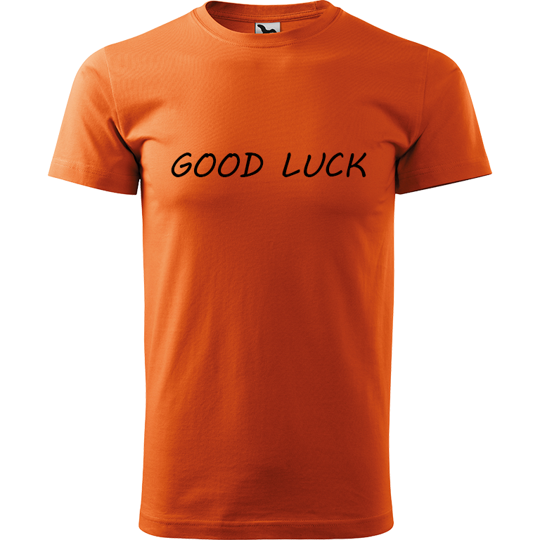 Ručně malované pánské bavlněné tričko - Good Luck Barva trička: ORANŽOVÁ, Velikost trička: XXL, Barva motivu: ČERNÁ