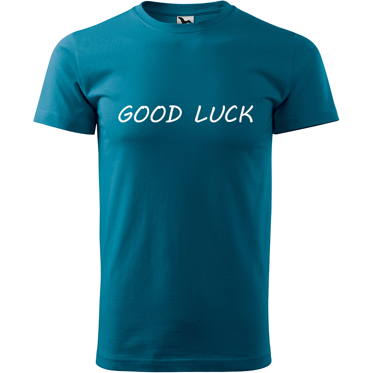 Ručně malované pánské bavlněné tričko - Good Luck Barva trička: PETROLEJOVÁ, Velikost trička: XL, Barva motivu: BÍLÁ