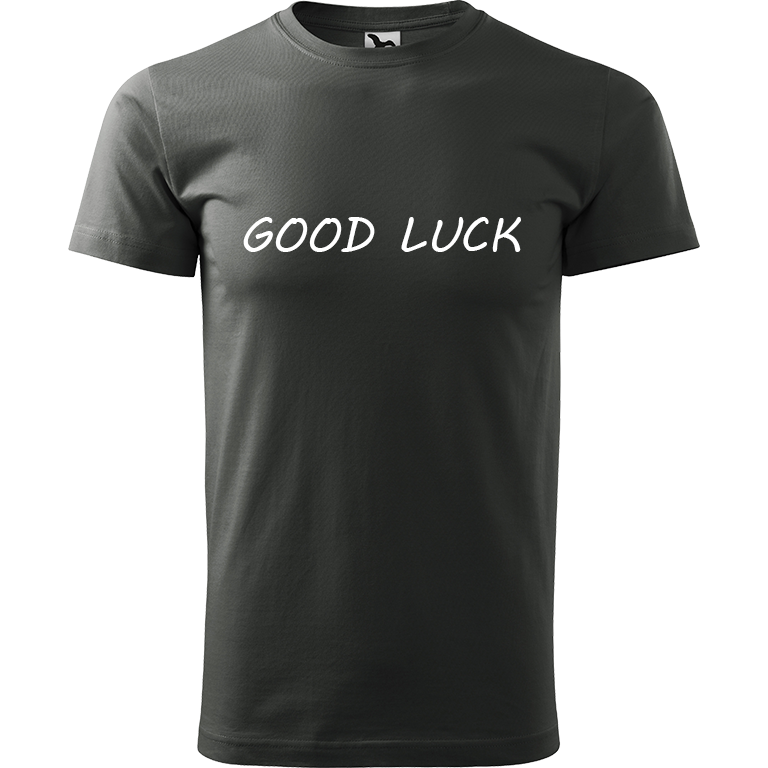Ručně malované pánské bavlněné tričko - Good Luck Barva trička: TMAVÁ BŘIDLICE, Velikost trička: XL, Barva motivu: BÍLÁ