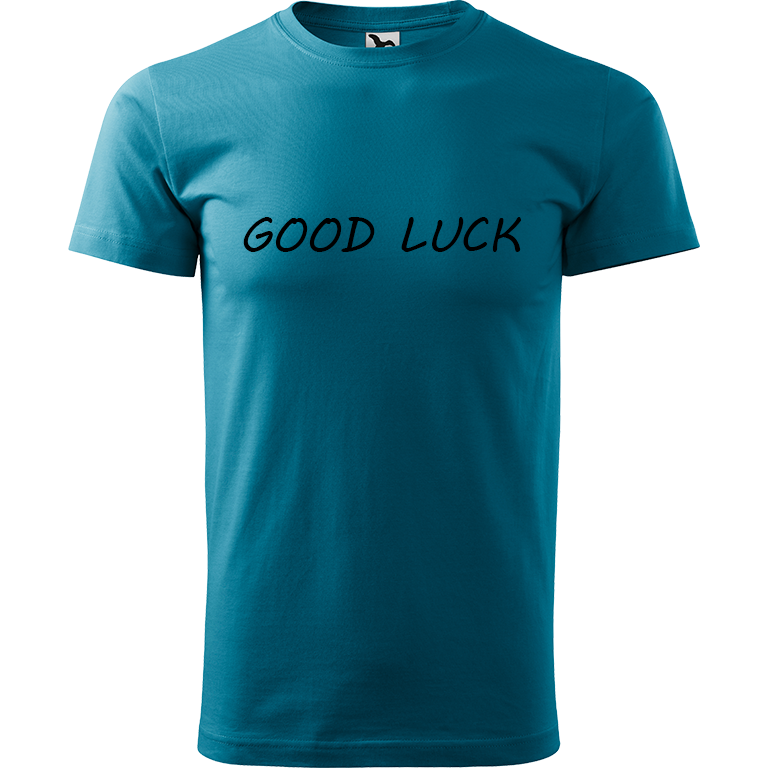 Ručně malované pánské bavlněné tričko - Good Luck Barva trička: TMAVĚ TYRKYSOVÁ, Velikost trička: XXL, Barva motivu: ČERNÁ