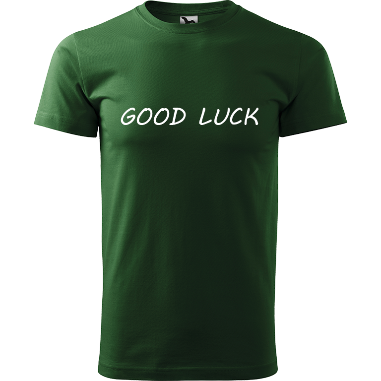 Ručně malované pánské bavlněné tričko - Good Luck Barva trička: TMAVĚ ZELENÁ, Velikost trička: XL, Barva motivu: BÍLÁ