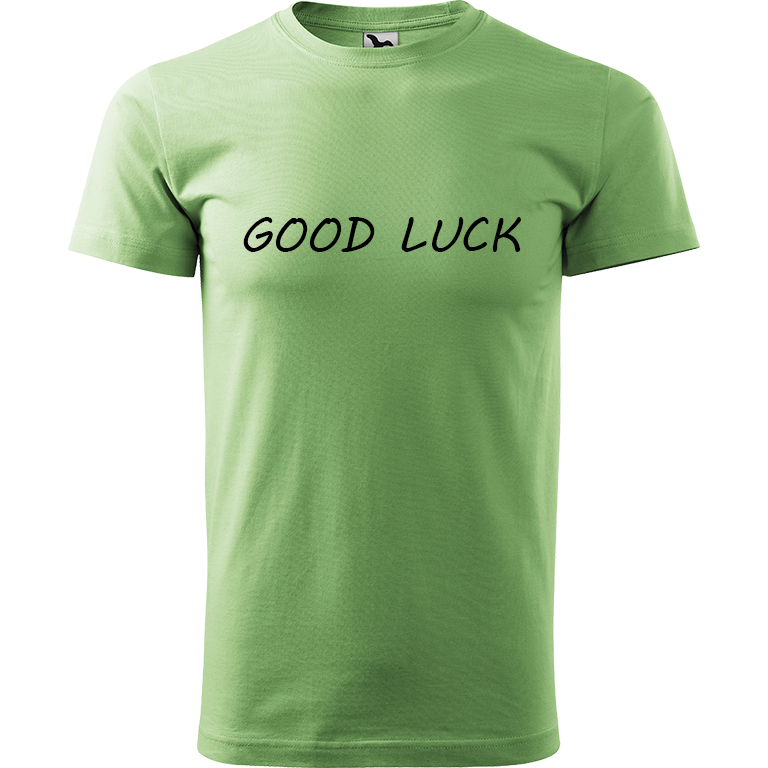 Ručně malované pánské bavlněné tričko - Good Luck Barva trička: TRÁVOVĚ ZELENÁ, Velikost trička: M, Barva motivu: ČERNÁ
