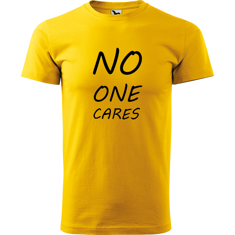 Ručně malované pánské bavlněné tričko - No One Cares Barva trička: ŽLUTÁ, Velikost trička: L, Barva motivu: ČERNÁ