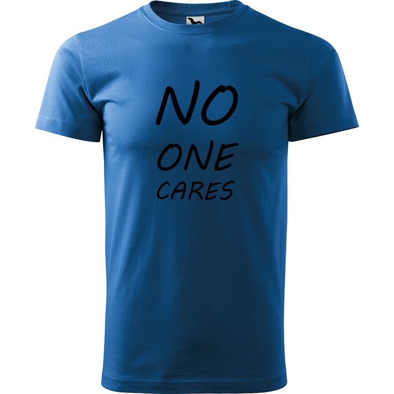 Ručně malované pánské bavlněné tričko - No One Cares Barva trička: AZUROVÁ, Velikost trička: L, Barva motivu: ČERNÁ
