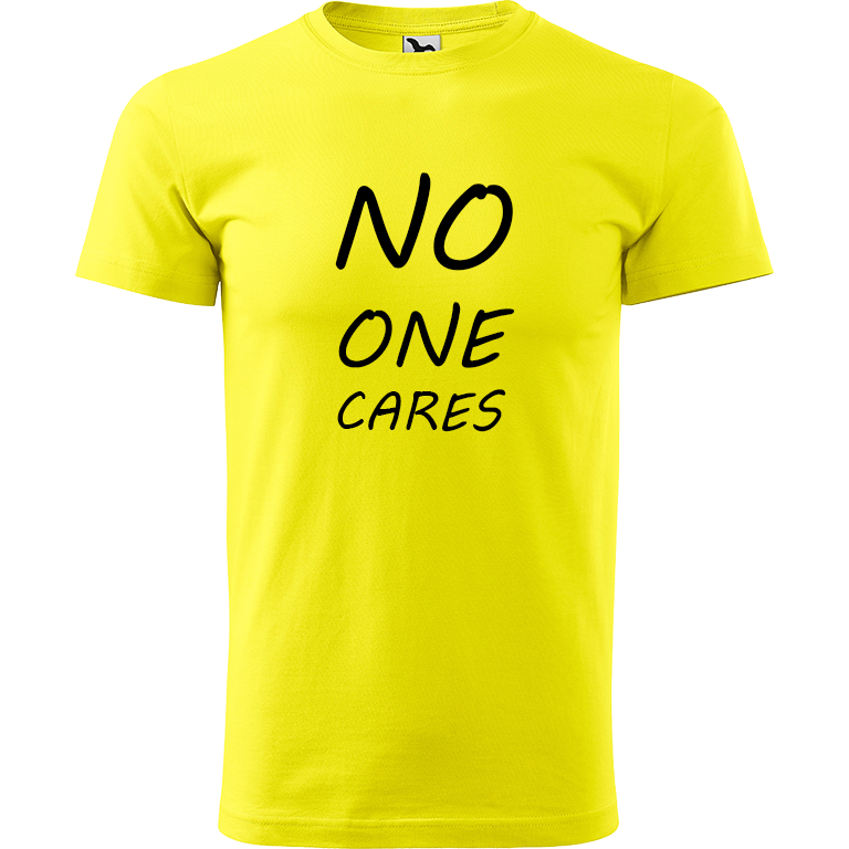 Ručně malované pánské bavlněné tričko - No One Cares Barva trička: CITRONOVÁ, Velikost trička: XL, Barva motivu: ČERNÁ