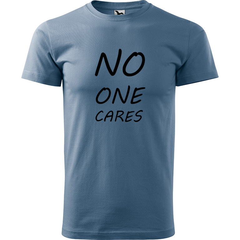 Ručně malované pánské bavlněné tričko - No One Cares Barva trička: DENIM, Velikost trička: M, Barva motivu: ČERNÁ