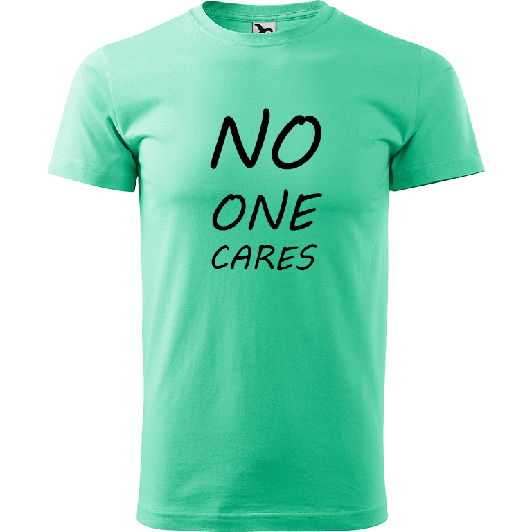 Ručně malované pánské bavlněné tričko - No One Cares Barva trička: MÁTOVÁ, Velikost trička: M, Barva motivu: ČERNÁ