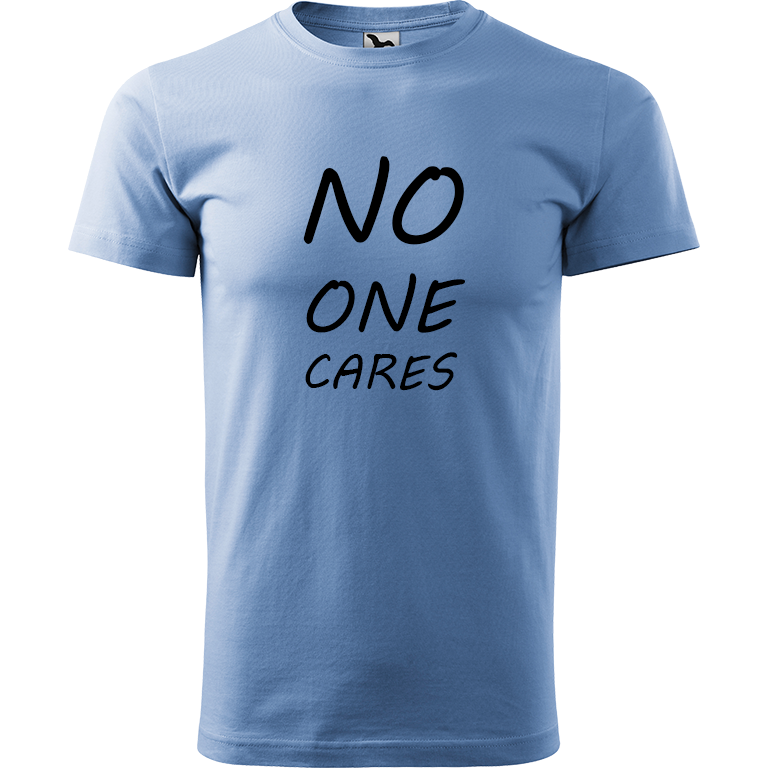 Ručně malované pánské bavlněné tričko - No One Cares Barva trička: NEBESKY MODRÁ, Velikost trička: M, Barva motivu: ČERNÁ