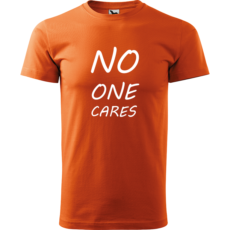 Ručně malované pánské bavlněné tričko - No One Cares Barva trička: ORANŽOVÁ, Velikost trička: L, Barva motivu: BÍLÁ