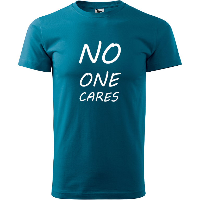 Ručně malované pánské bavlněné tričko - No One Cares Barva trička: PETROLEJOVÁ, Velikost trička: M, Barva motivu: BÍLÁ