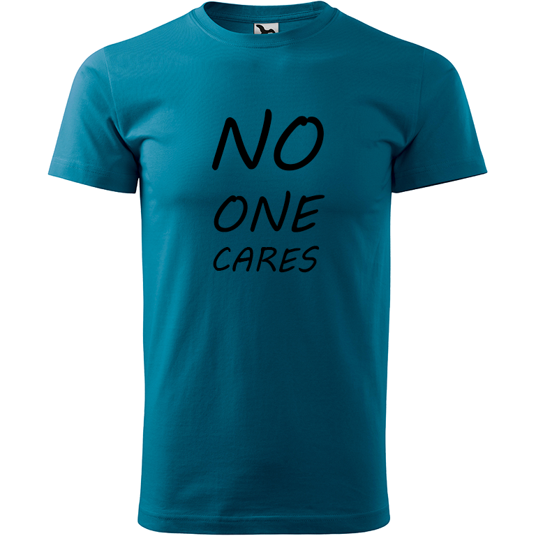 Ručně malované pánské bavlněné tričko - No One Cares Barva trička: PETROLEJOVÁ, Velikost trička: M, Barva motivu: ČERNÁ