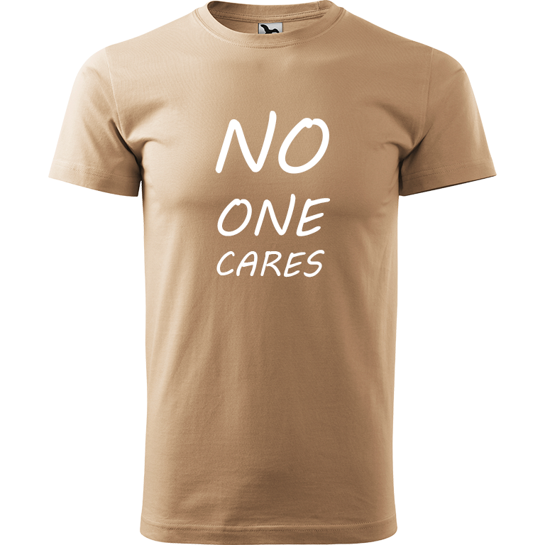 Ručně malované pánské bavlněné tričko - No One Cares Barva trička: PÍSKOVÁ, Velikost trička: XL, Barva motivu: BÍLÁ