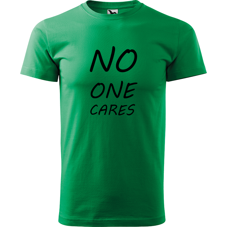 Ručně malované pánské bavlněné tričko - No One Cares Barva trička: STŘEDNĚ ZELENÁ, Velikost trička: M, Barva motivu: ČERNÁ