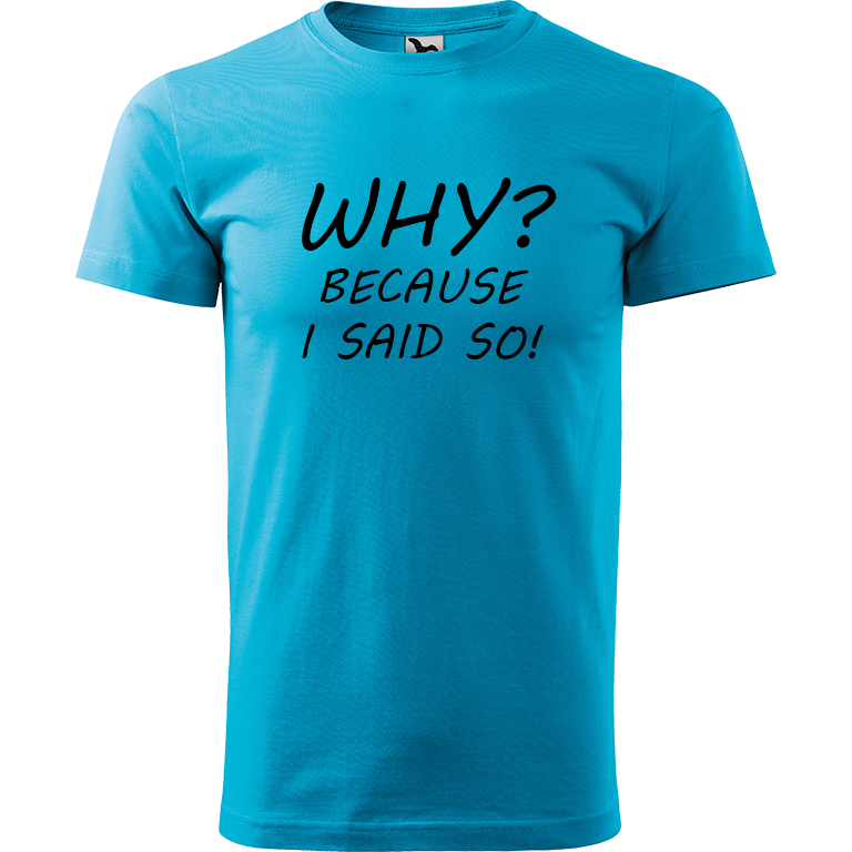 Ručně malované pánské bavlněné tričko - Why? Because I Said So! Barva trička: TYRKYSOVÁ, Velikost trička: M, Barva motivu: ČERNÁ