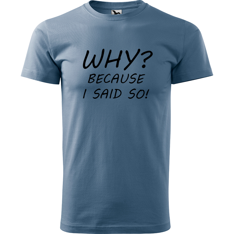 Ručně malované pánské bavlněné tričko - Why? Because I Said So! Barva trička: DENIM, Velikost trička: XS, Barva motivu: ČERNÁ