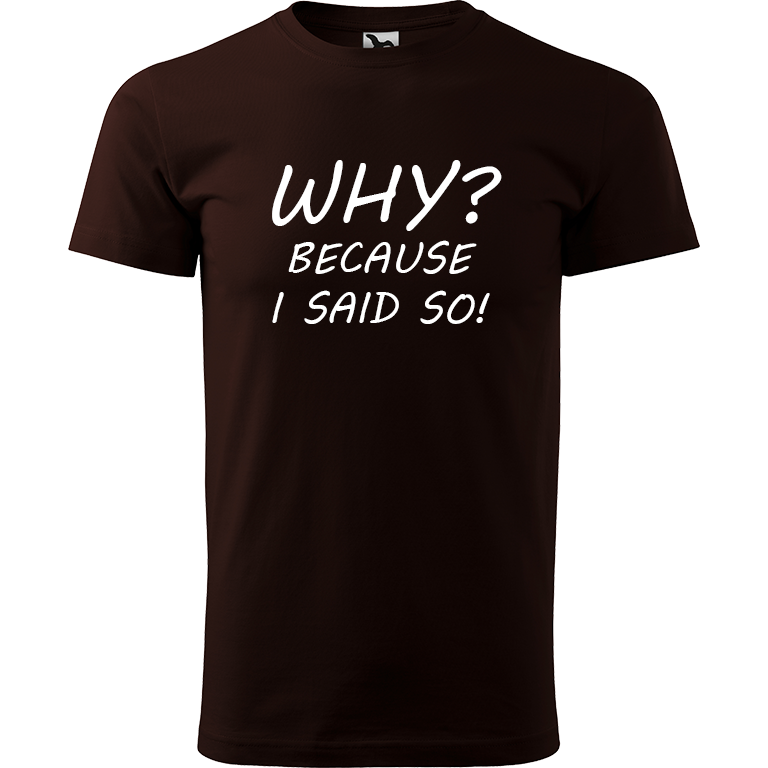 Ručně malované pánské bavlněné tričko - Why? Because I Said So! Barva trička: KÁVOVÁ, Velikost trička: XL, Barva motivu: BÍLÁ