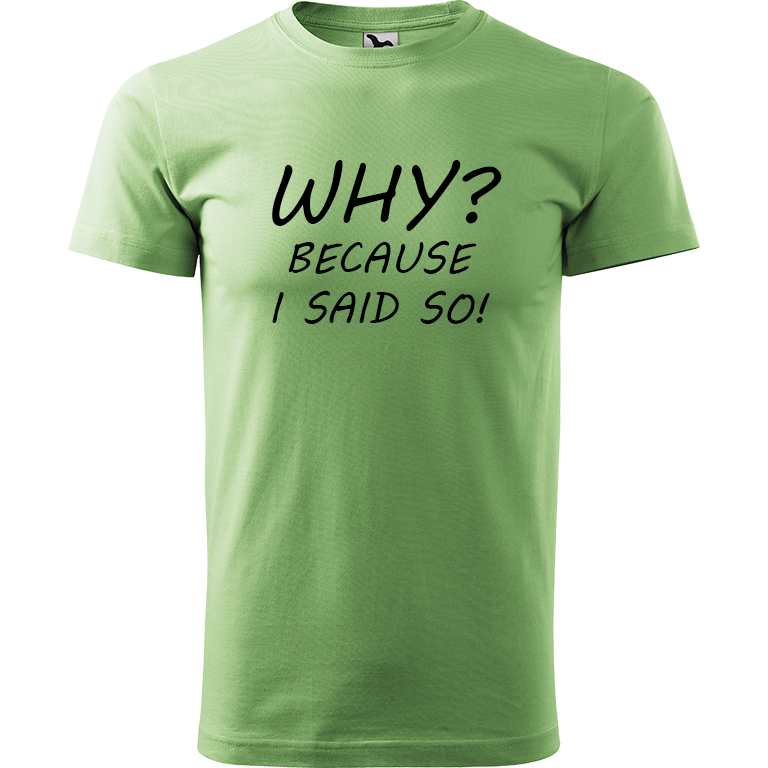 Ručně malované pánské bavlněné tričko - Why? Because I Said So! Barva trička: TRÁVOVĚ ZELENÁ, Velikost trička: M, Barva motivu: ČERNÁ
