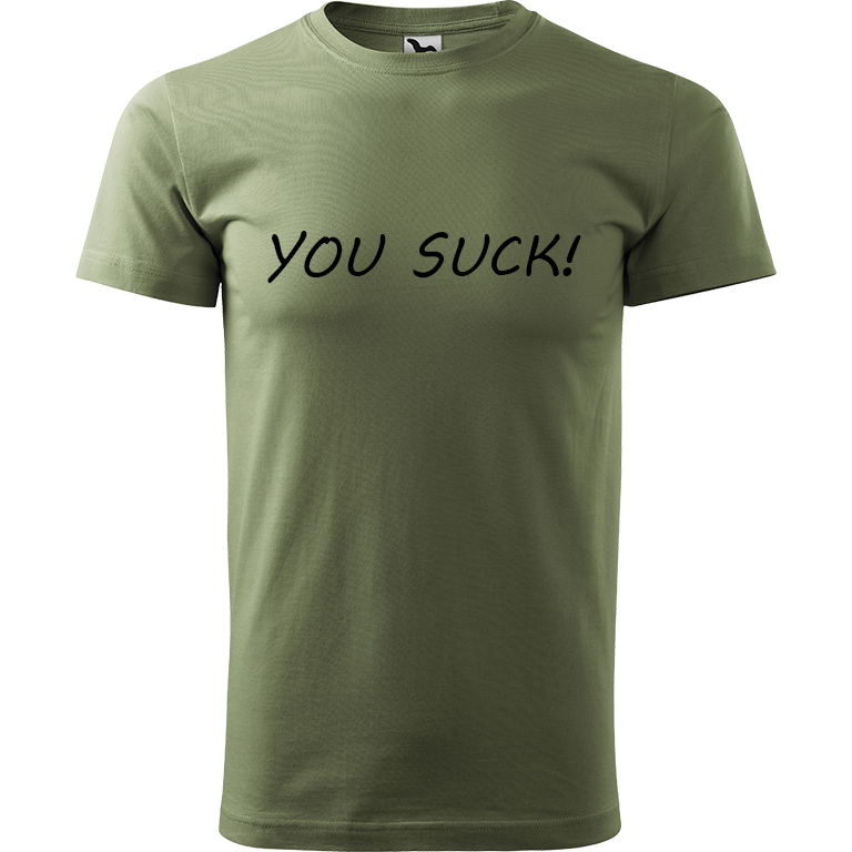 Ručně malované pánské bavlněné tričko - You Suck! Barva trička: KHAKI, Velikost trička: XS, Barva motivu: ČERNÁ