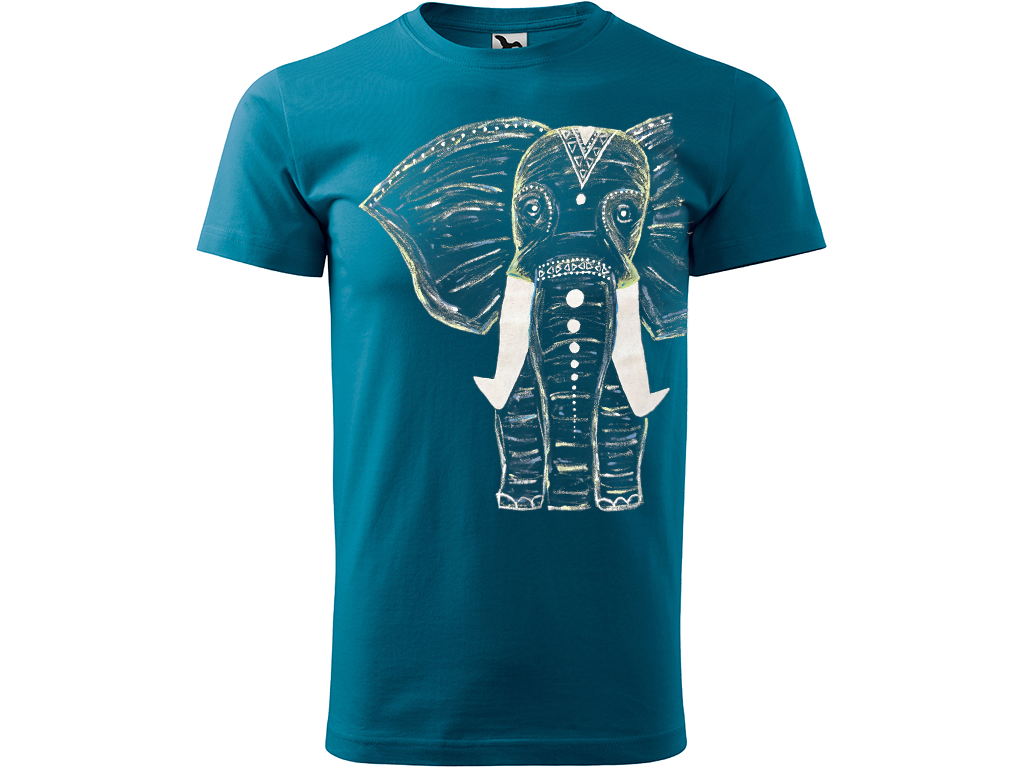 Ručně malované pánské bavlněné tričko - Slon Barva trička: PETROLEJOVÁ, Velikost trička: S, Barva motivu: BÍLÁ