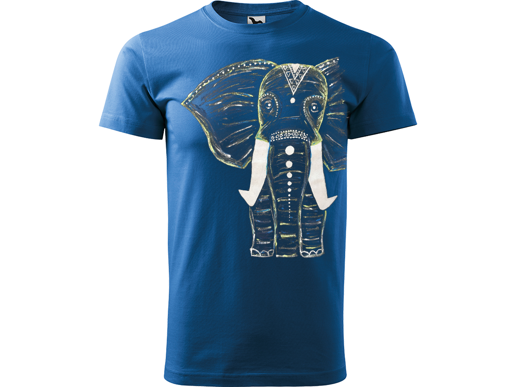Ručně malované pánské bavlněné tričko - Slon Barva trička: AZUROVÁ, Velikost trička: XXL, Barva motivu: BÍLÁ