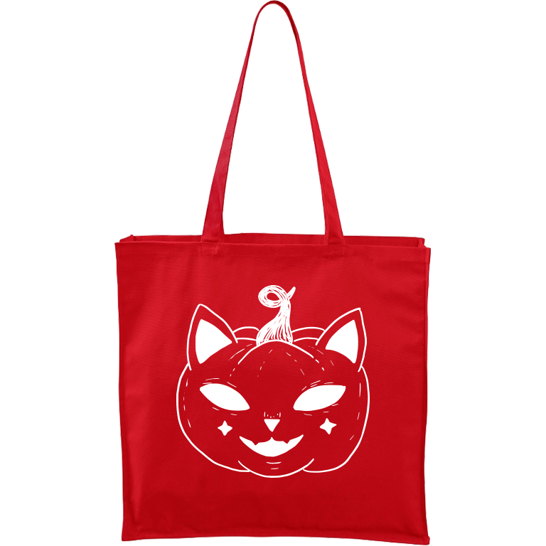 Ručně malovaná větší plátěná taška - Halloween kočka - Dýně Barva tašky: ČERVENÁ, Barva motivu: BÍLÁ