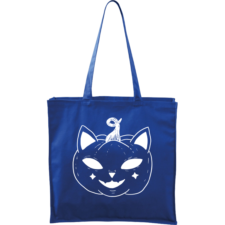 Ručně malovaná větší plátěná taška - Halloween kočka - Dýně Barva tašky: MODRÁ, Barva motivu: BÍLÁ