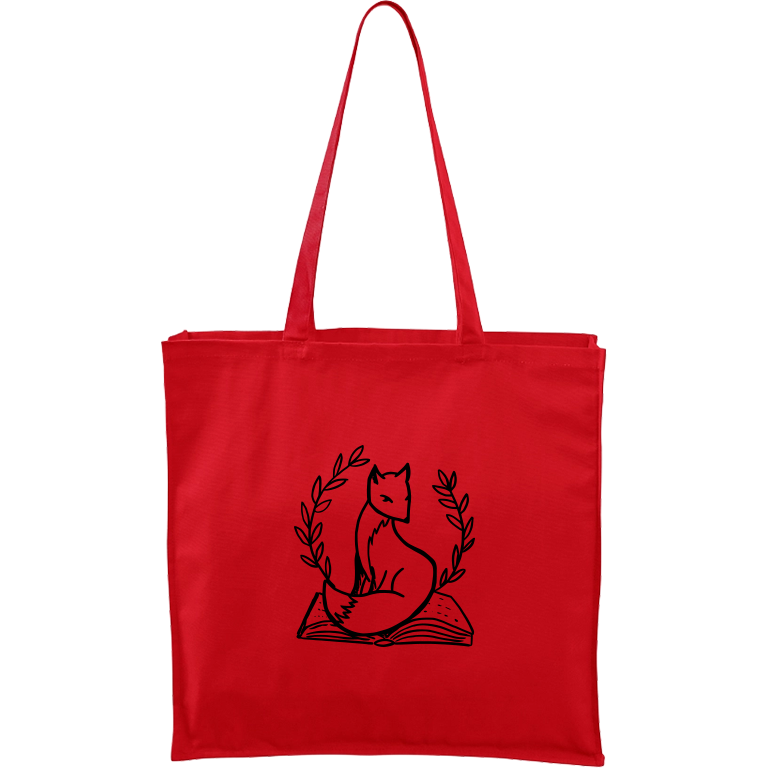 Ručně malovaná větší plátěná taška - Liška na knize Barva tašky: ČERVENÁ, Barva motivu: ČERNÁ
