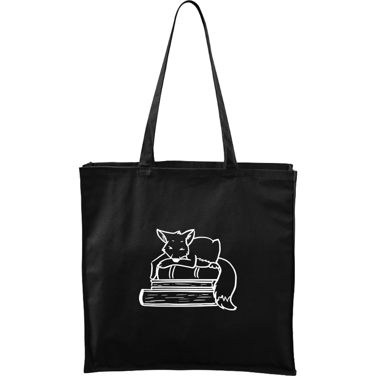 Ručně malovaná větší plátěná taška - Liška na knihách Barva tašky: ČERNÁ, Barva motivu: BÍLÁ