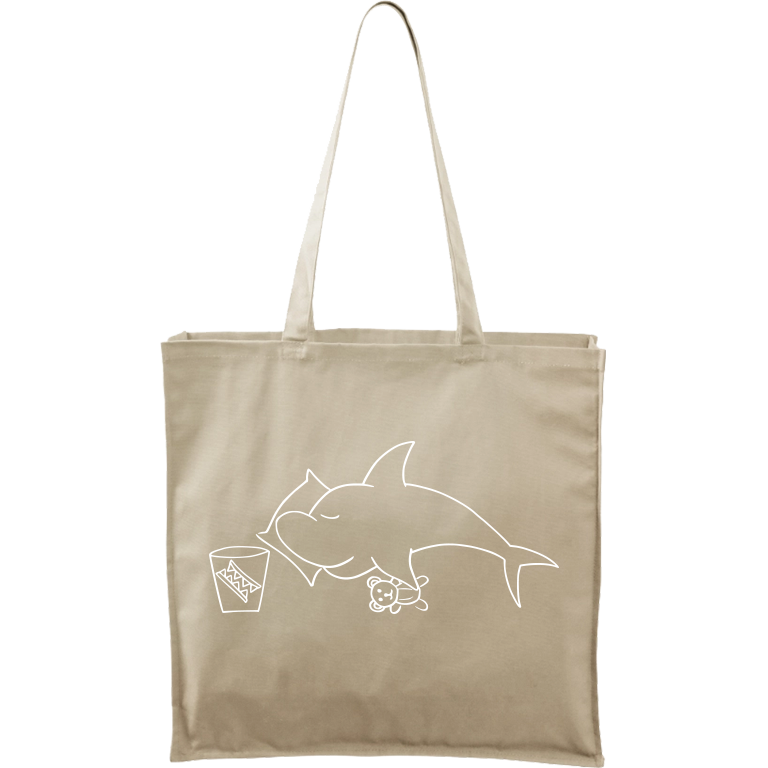 Ručně malovaná větší plátěná taška - Spící žralok Barva tašky: PŘÍRODNÍ, Barva motivu: BÍLÁ
