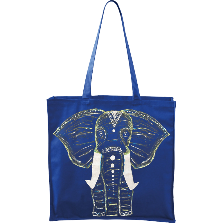 Ručně malovaná větší plátěná taška - Slon - Uprostřed Barva tašky: MODRÁ