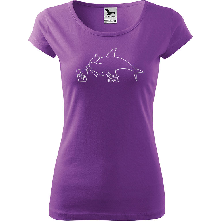Ručně malované dámské bavlněné tričko - Spící žralok Barva trička: FIALOVÁ, Velikost trička: XL, Barva motivu: BÍLÁ