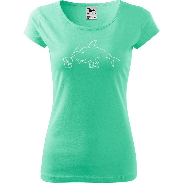 Ručně malované dámské bavlněné tričko - Spící žralok Barva trička: MÁTOVÁ, Velikost trička: XS, Barva motivu: BÍLÁ
