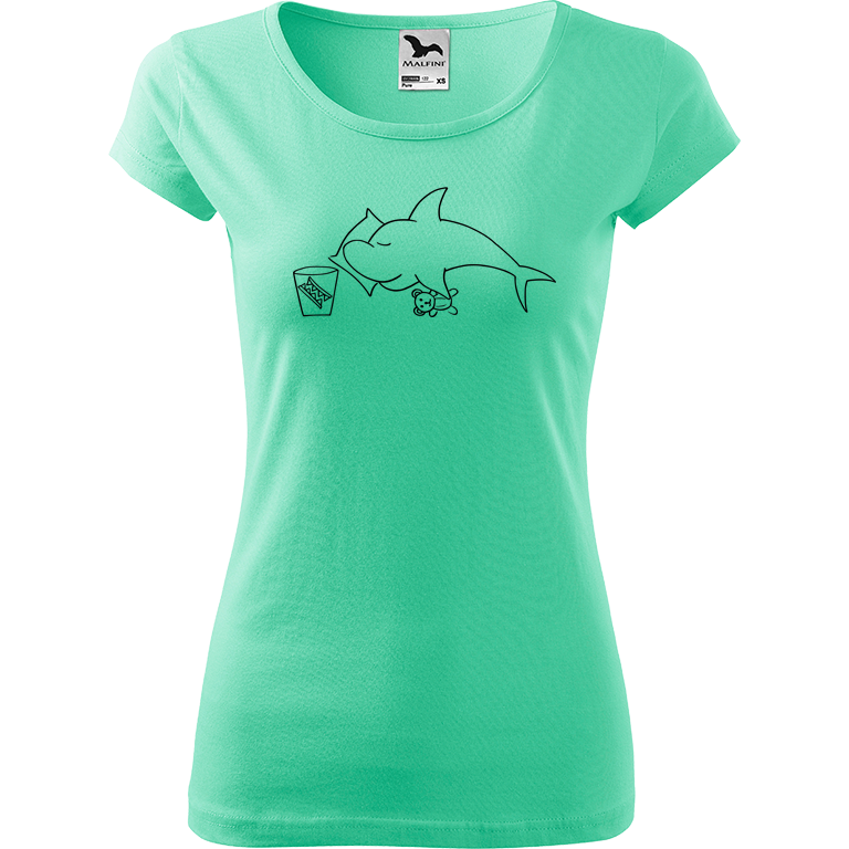 Ručně malované dámské bavlněné tričko - Spící žralok Barva trička: MÁTOVÁ, Velikost trička: S, Barva motivu: ČERNÁ