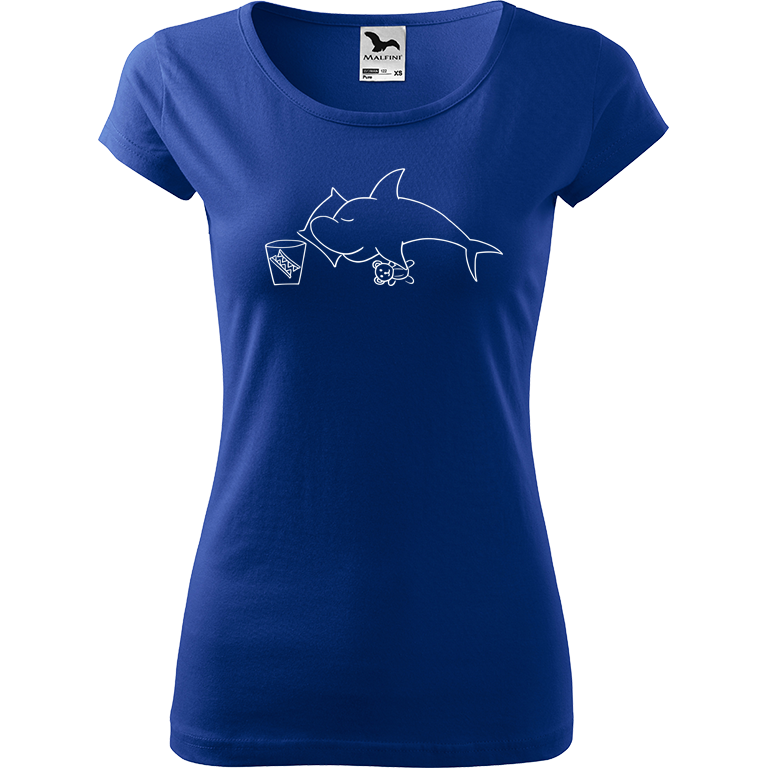 Ručně malované dámské bavlněné tričko - Spící žralok Barva trička: MODRÁ, Velikost trička: M, Barva motivu: BÍLÁ