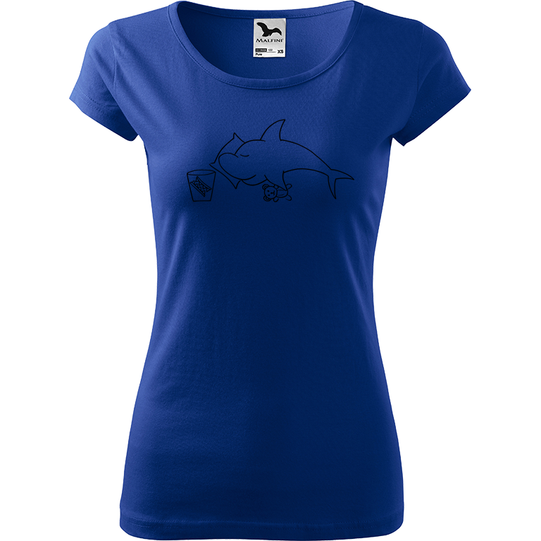 Ručně malované dámské bavlněné tričko - Spící žralok Barva trička: MODRÁ, Velikost trička: M, Barva motivu: ČERNÁ