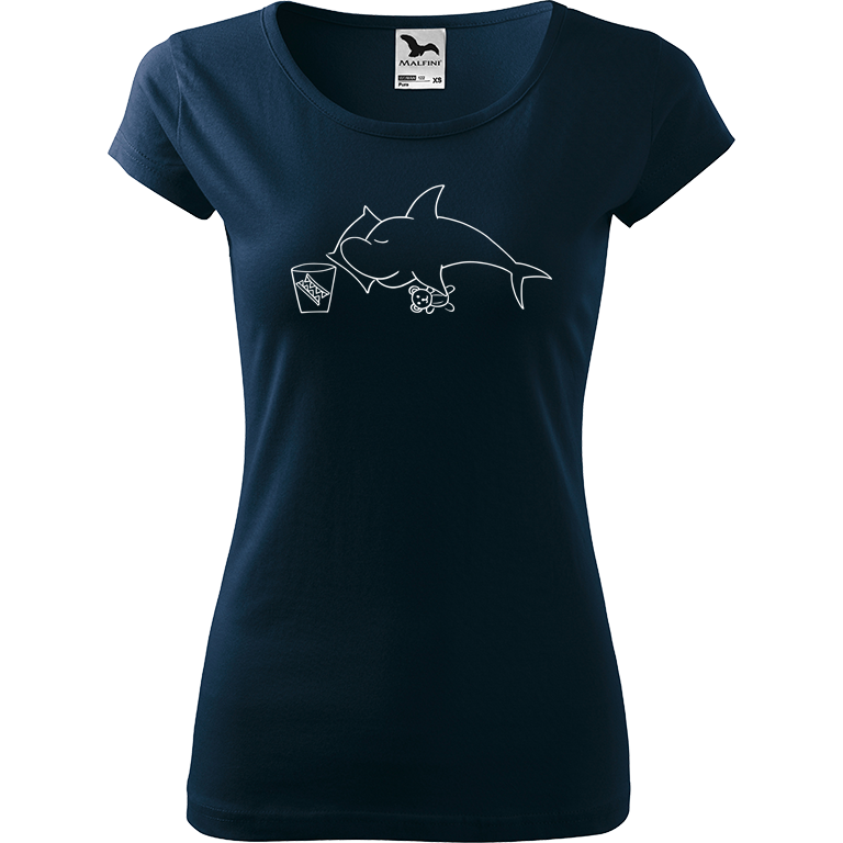 Ručně malované dámské bavlněné tričko - Spící žralok Barva trička: NÁMOŘNICKÁ MODRÁ, Velikost trička: M, Barva motivu: BÍLÁ