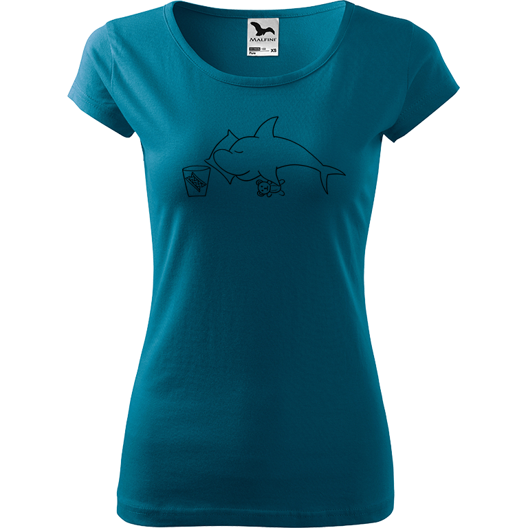 Ručně malované dámské bavlněné tričko - Spící žralok Barva trička: PETROLEJOVÁ, Velikost trička: XL, Barva motivu: ČERNÁ