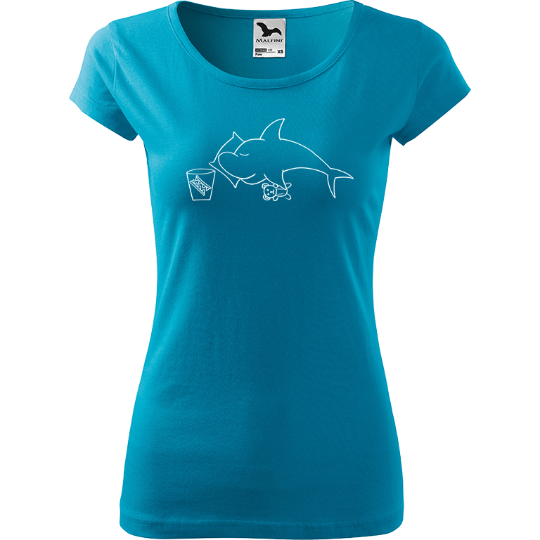 Ručně malované dámské bavlněné tričko - Spící žralok Barva trička: TYRKYSOVÁ, Velikost trička: M, Barva motivu: BÍLÁ