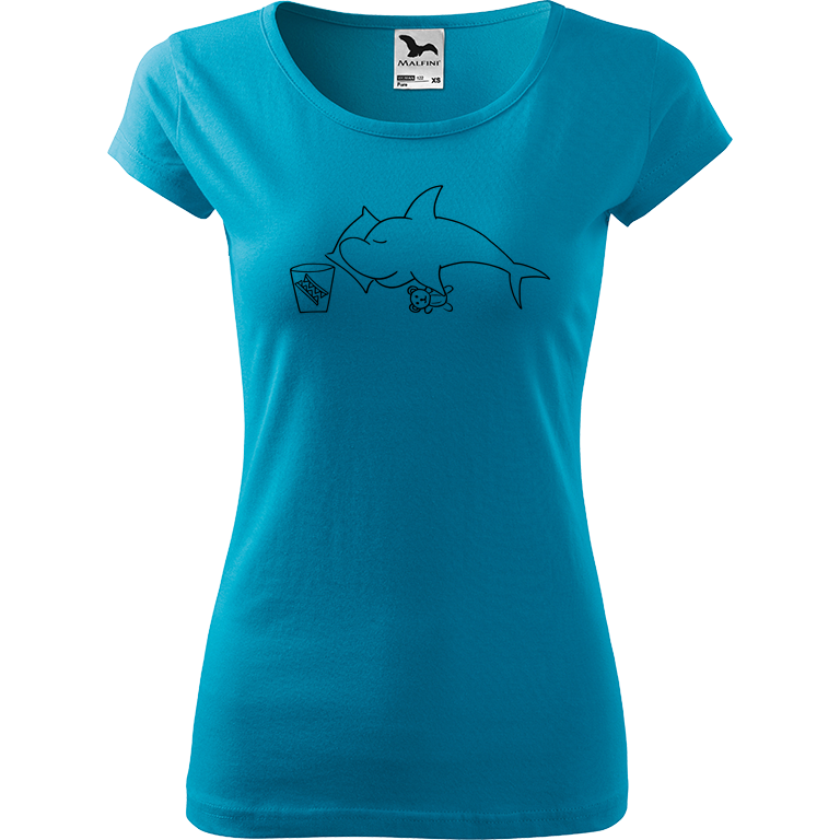 Ručně malované dámské bavlněné tričko - Spící žralok Barva trička: TYRKYSOVÁ, Velikost trička: XXL, Barva motivu: ČERNÁ