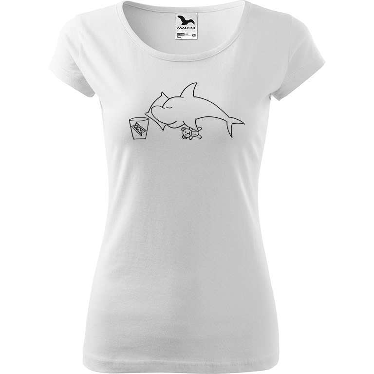Ručně malované dámské bavlněné tričko - Spící žralok Barva trička: BÍLÁ, Velikost trička: L, Barva motivu: ČERNÁ