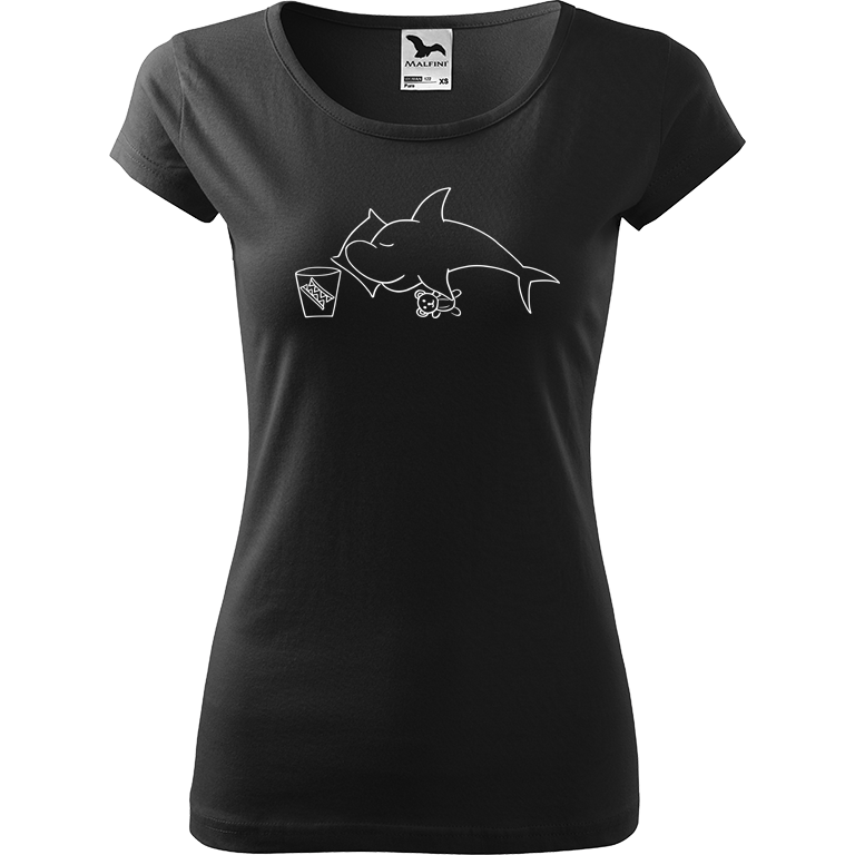 Ručně malované dámské bavlněné tričko - Spící žralok Barva trička: ČERNÁ, Velikost trička: S, Barva motivu: BÍLÁ