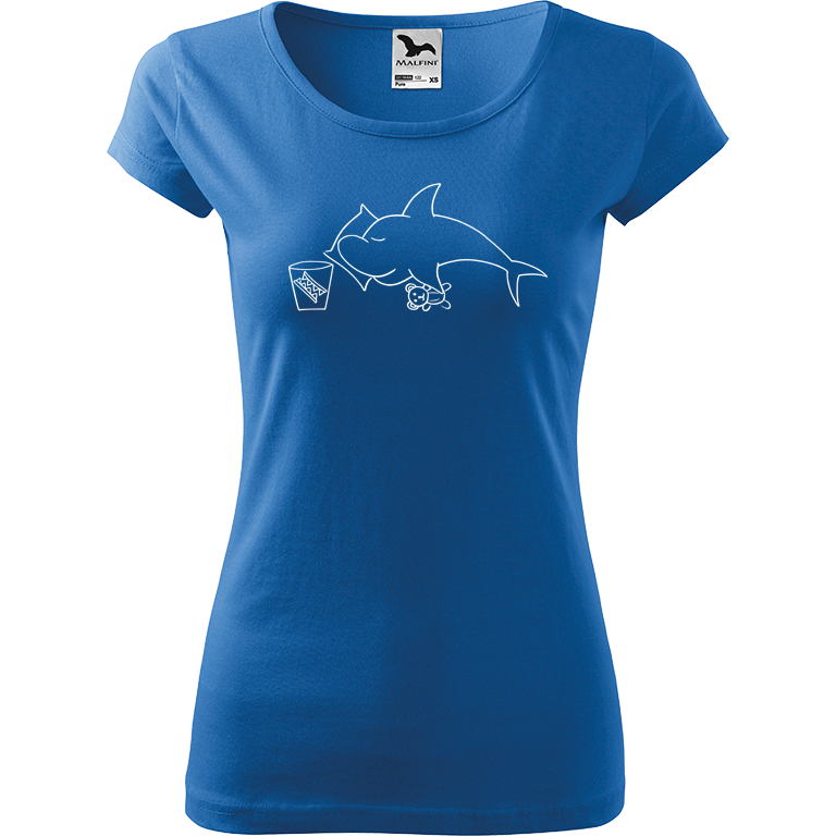 Ručně malované dámské bavlněné tričko - Spící žralok Barva trička: AZUROVÁ, Velikost trička: M, Barva motivu: BÍLÁ