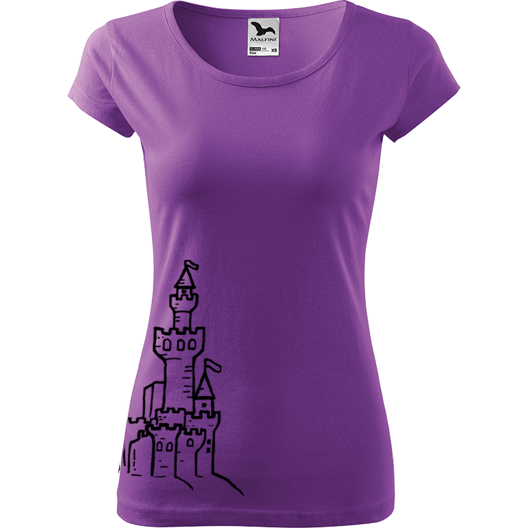 Ručně malované dámské bavlněné tričko - Hrad z písku Barva trička: FIALOVÁ, Velikost trička: M, Barva motivu: ČERNÁ