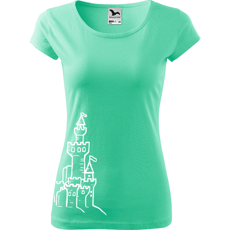 Ručně malované dámské bavlněné tričko - Hrad z písku Barva trička: MÁTOVÁ, Velikost trička: S, Barva motivu: BÍLÁ