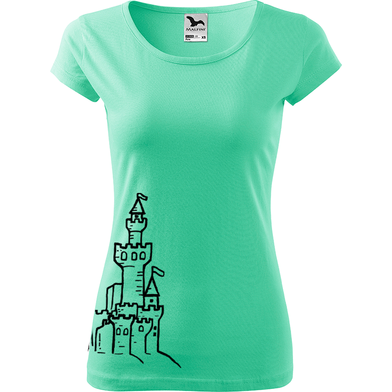 Ručně malované dámské bavlněné tričko - Hrad z písku Barva trička: MÁTOVÁ, Velikost trička: S, Barva motivu: ČERNÁ