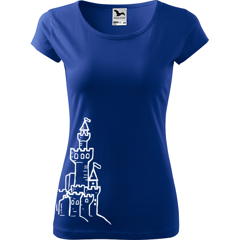 Ručně malované dámské bavlněné tričko - Hrad z písku Barva trička: MODRÁ, Velikost trička: XS, Barva motivu: BÍLÁ
